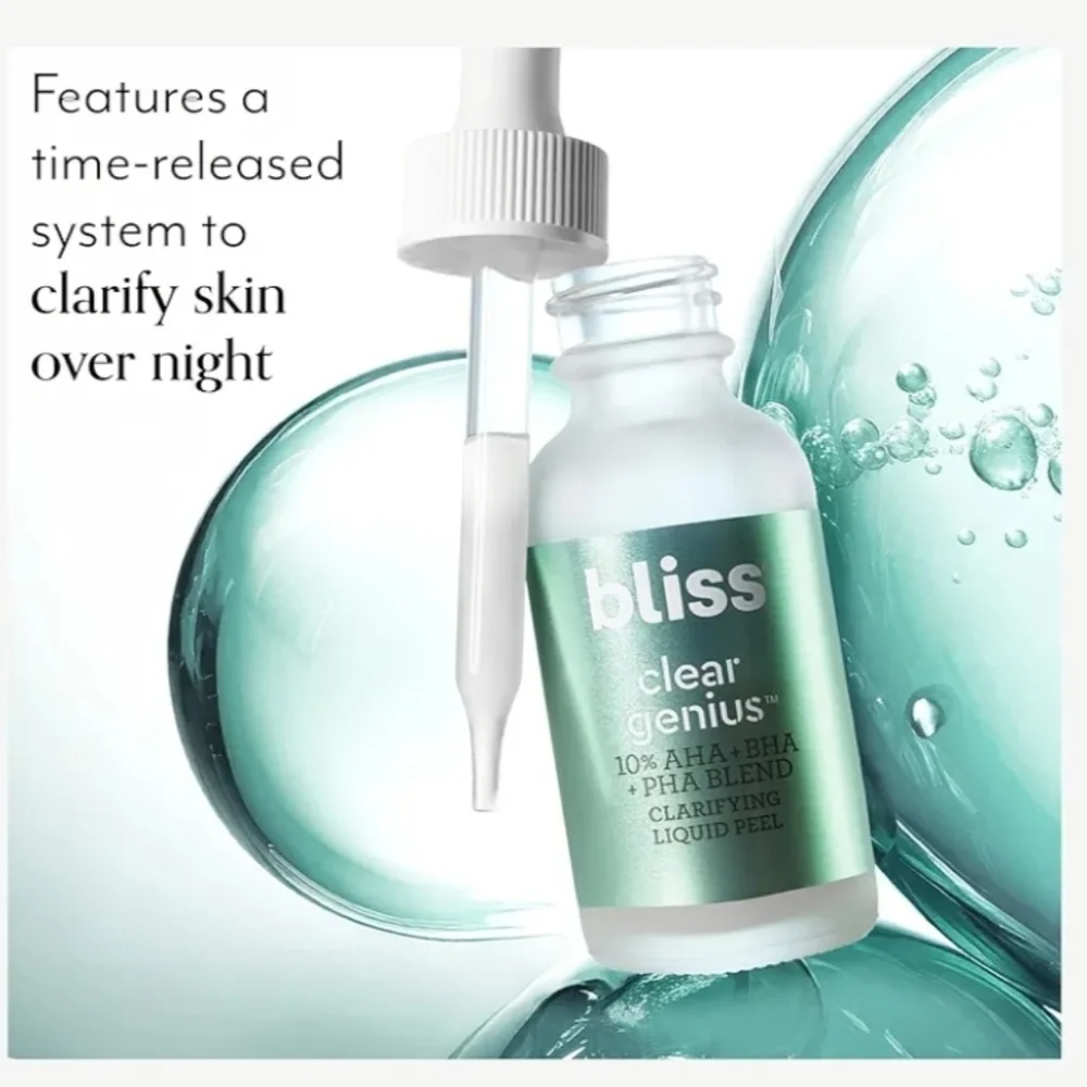 Bliss Clear Genius Clarifying Liquid Peel, 10% AHA+BHA+PHA Blend, 1oz, NIB